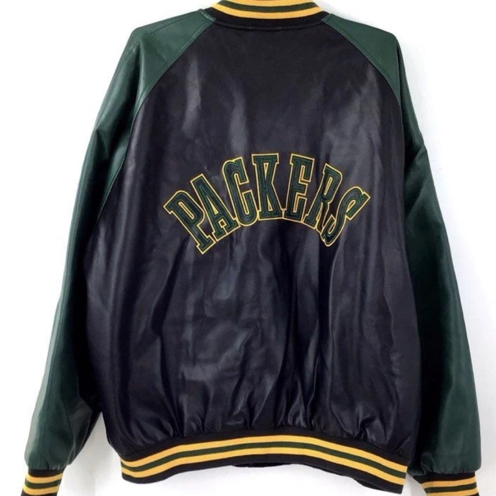 GUC NFL Men’s Black and Green Leather Sleeves Varsity Jacket - Sz XL - Picture 2 of 6